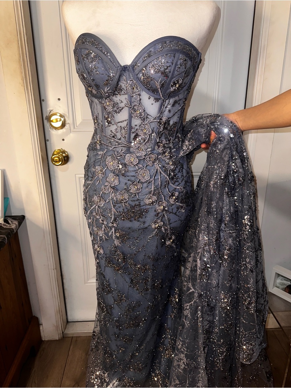 Strapless Gray Embroidered Evening Gown with Overlay